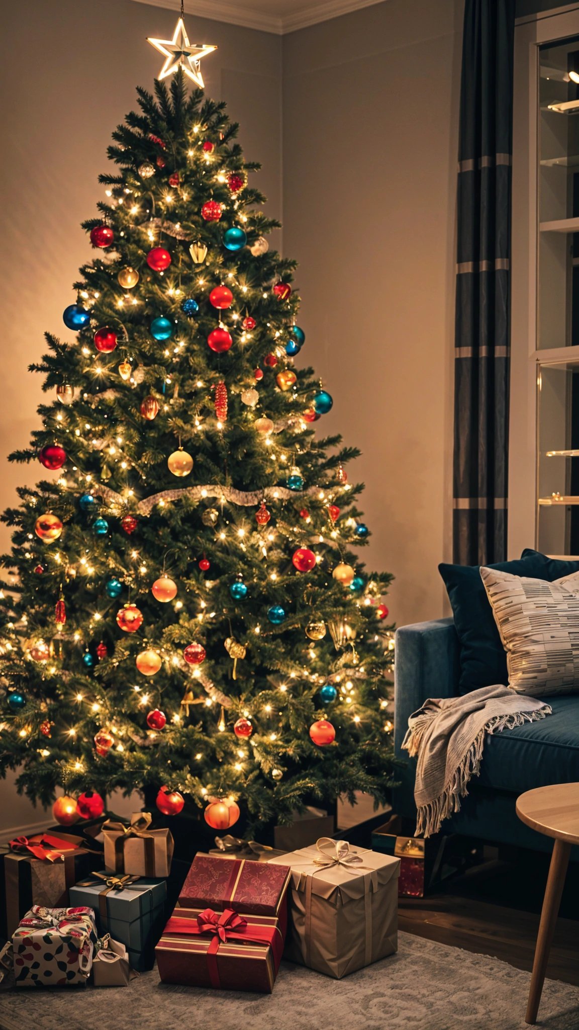 A Christmas tree with colorful ornaments and lights, with a blue couch and pillows in the background. The tree is lit up and has a festive atmosphere.