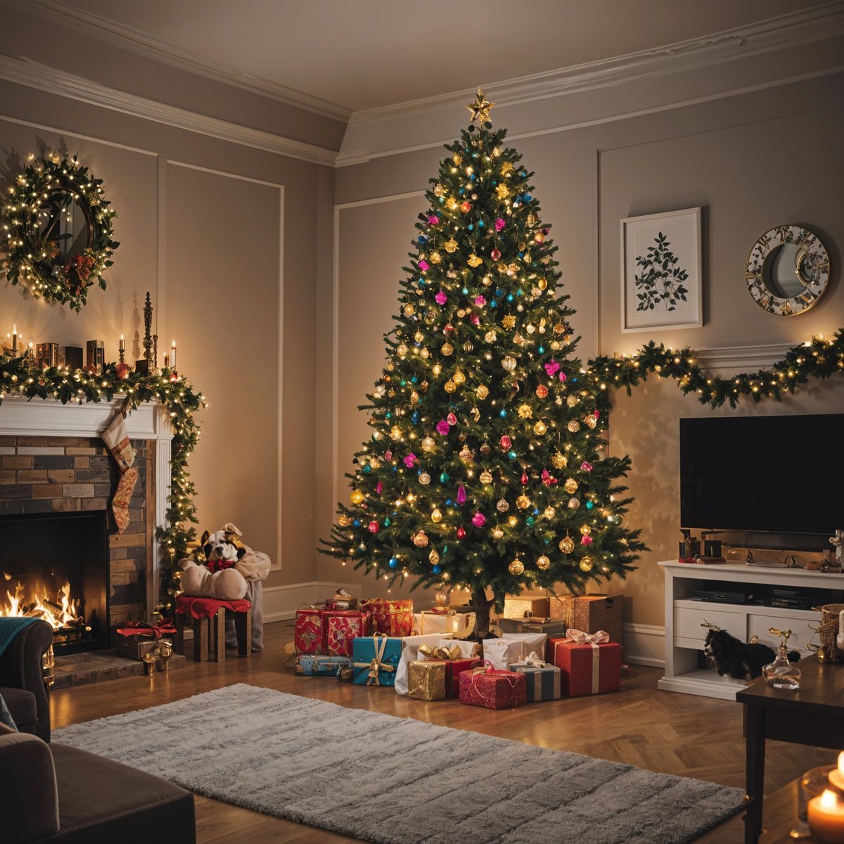 A Christmas tree in a living room with presents underneath.