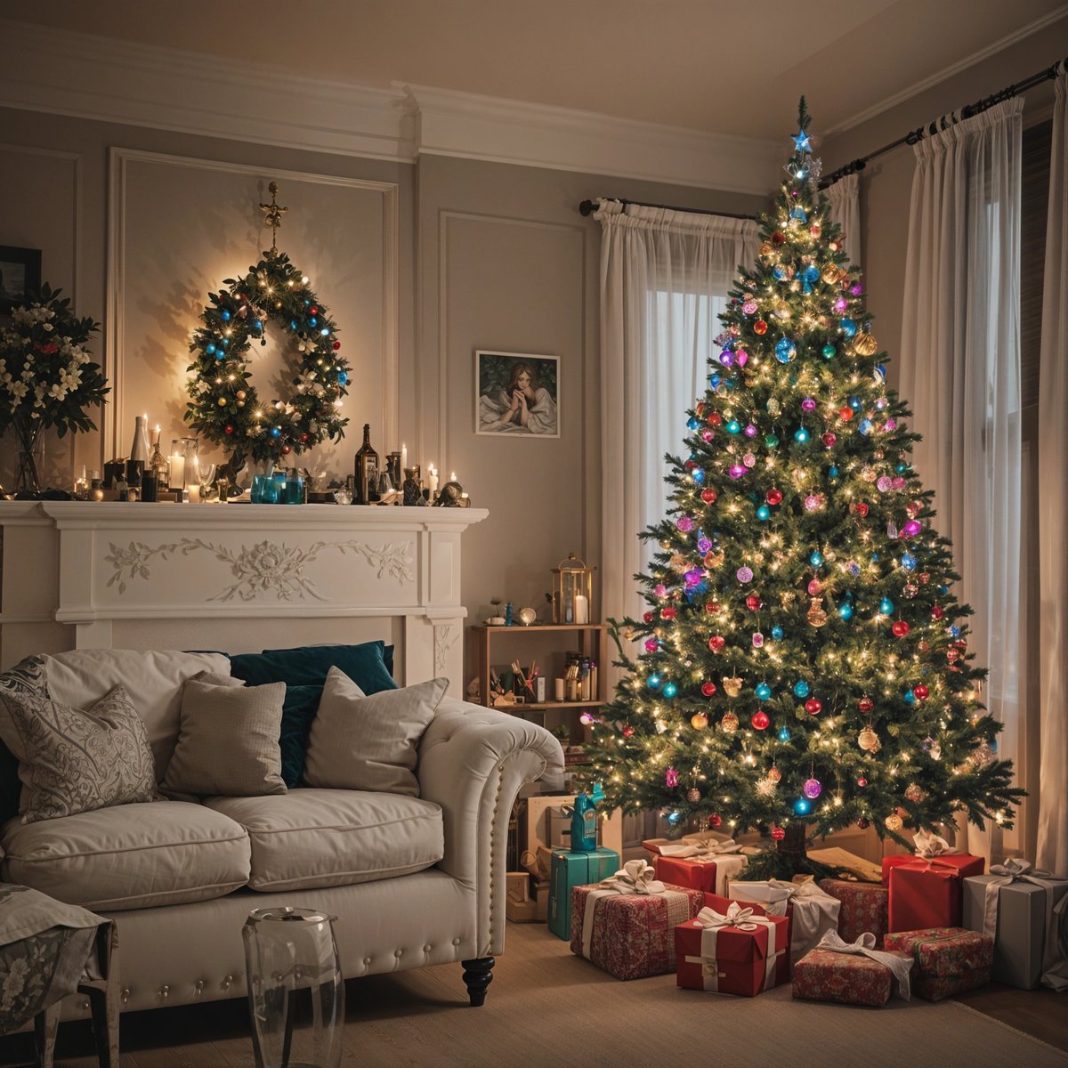 A living room with a Christmas tree and presents in front of a fireplace. The room is decorated with colorful lights and ornaments, creating a festive atmosphere. The presents are wrapped in colorful wrapping paper, adding to the holiday cheer.