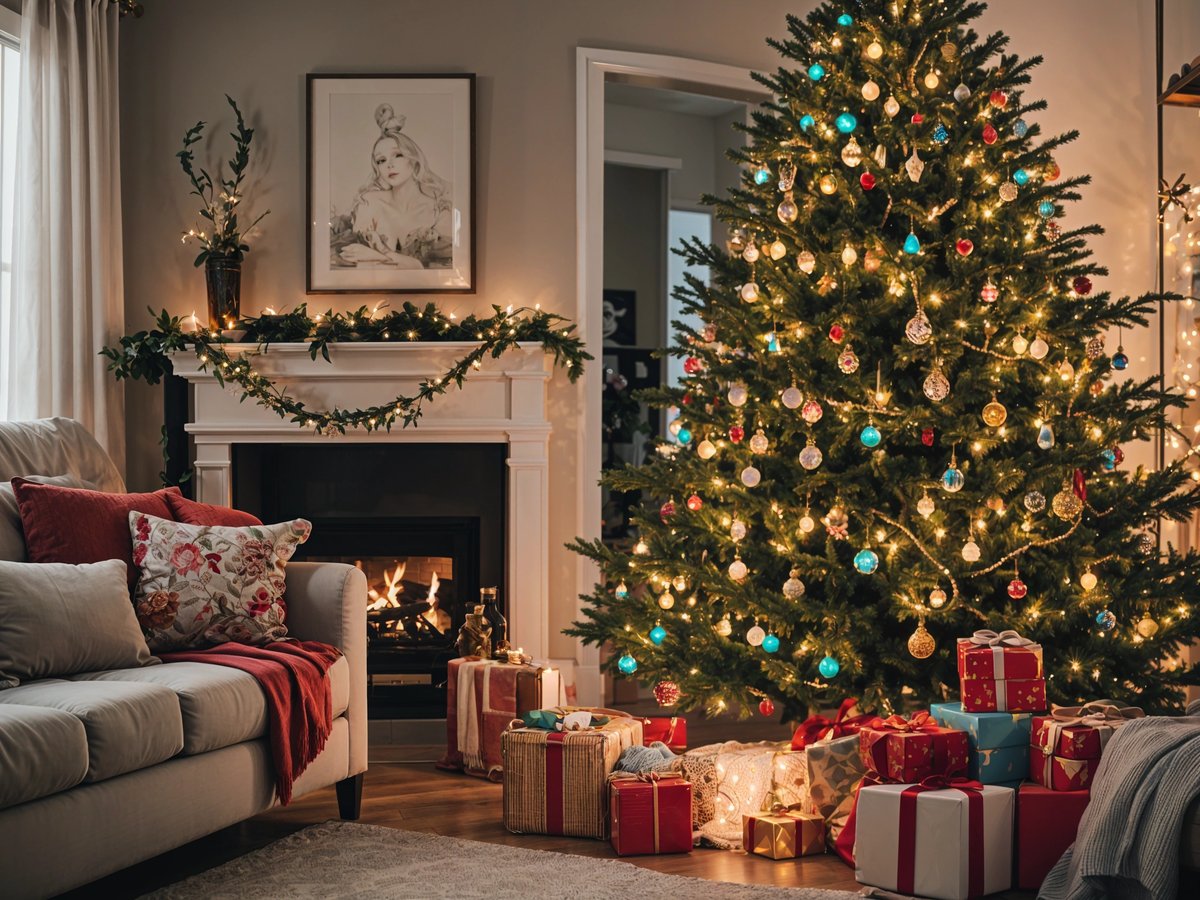 A lit Christmas tree with presents underneath it in a living room.