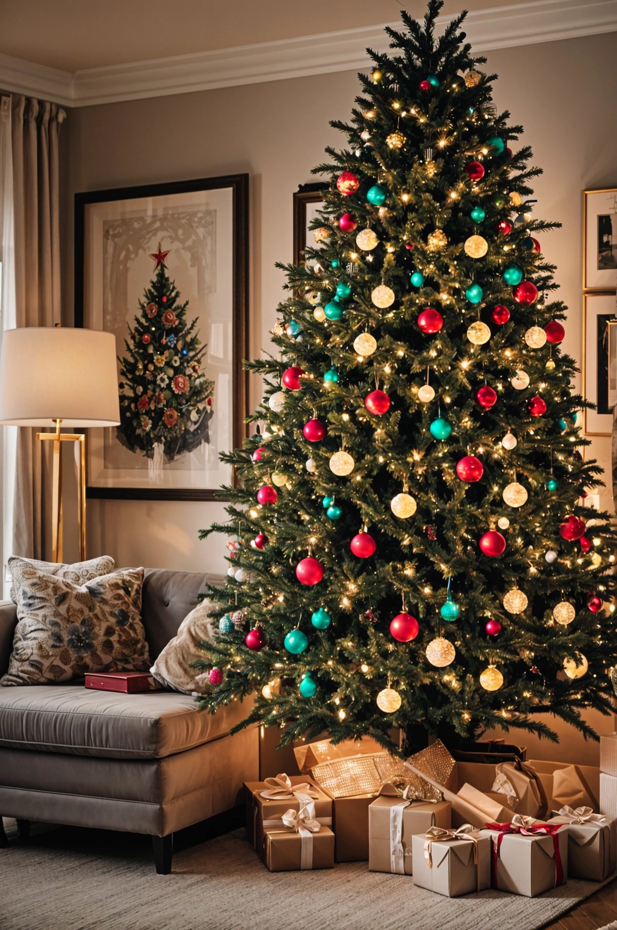 A Christmas tree with ornaments and lights in a living room.