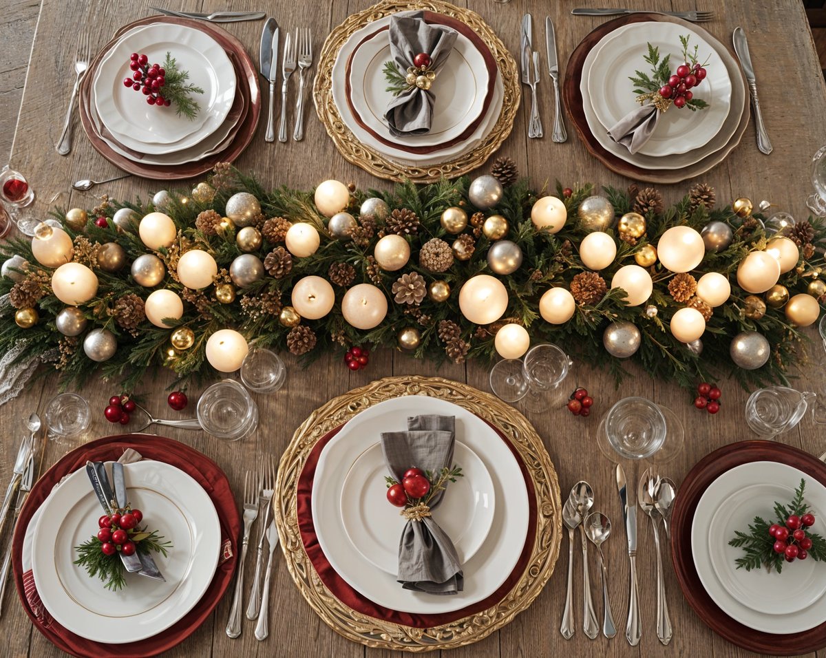 A dinner table set for a holiday dinner, featuring a garland of lights and candles. The table is adorned with a white tablecloth and red napkins, and is set with plates, bowls, and wine glasses.