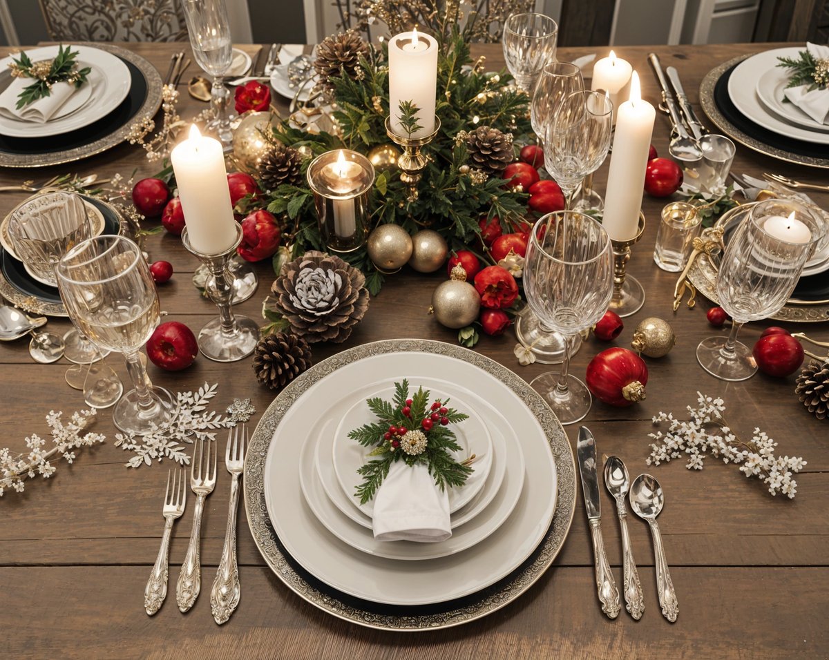 A table set for a holiday meal with candles and pine cones as a centerpiece.