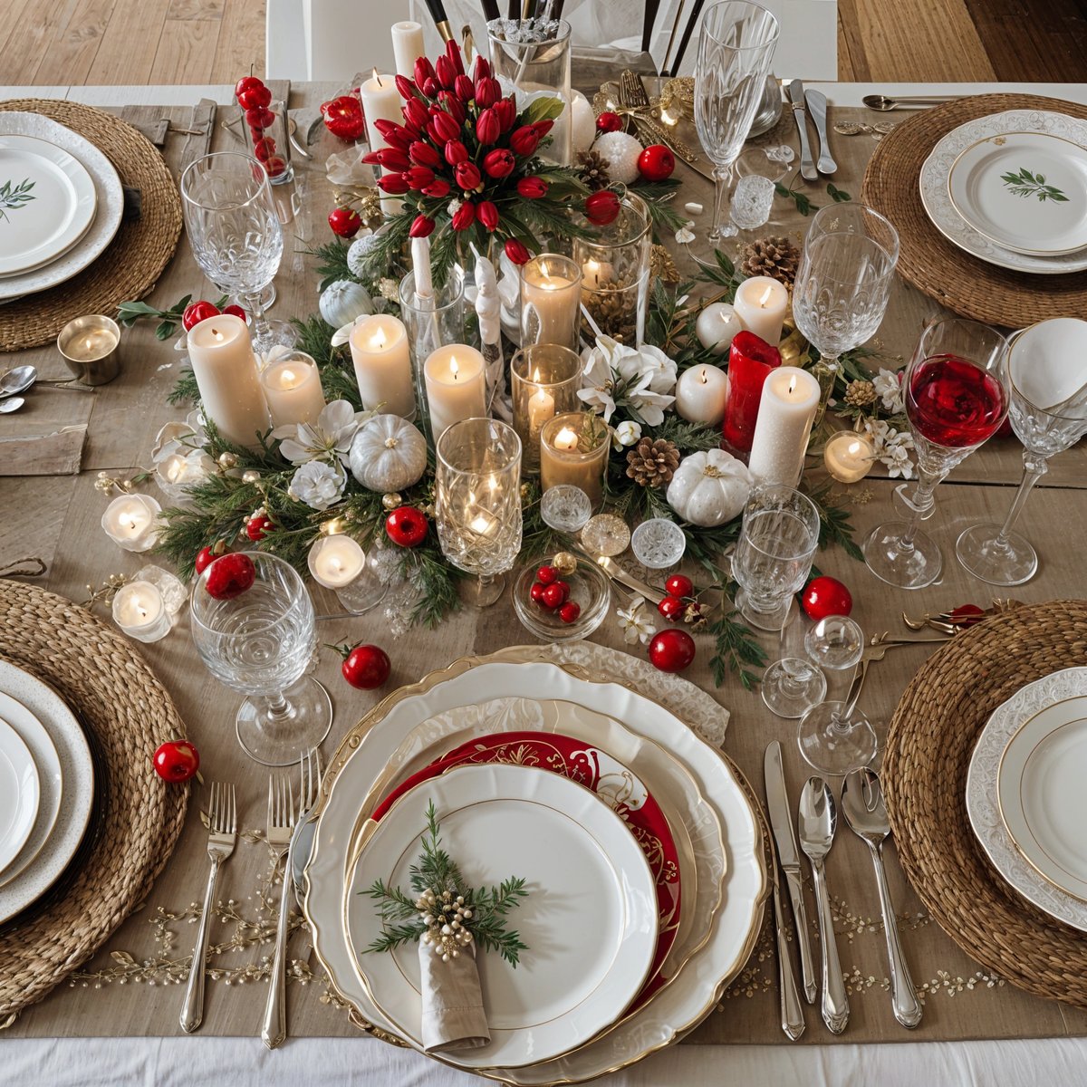 A table set for a holiday dinner with candles and flowers as a centerpiece.