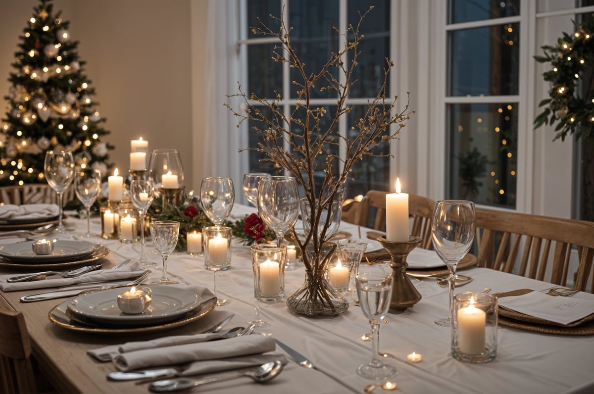 A dinner table set with candles and wine glasses for a romantic dinner for two.