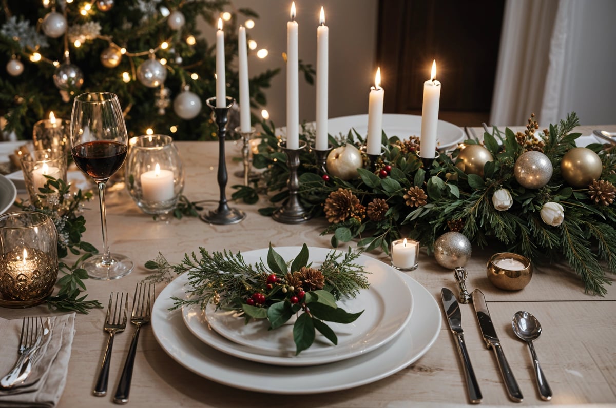 A dinner table with a white plate, goldware, and candles. The table is adorned with a Christmas tree and decorations.