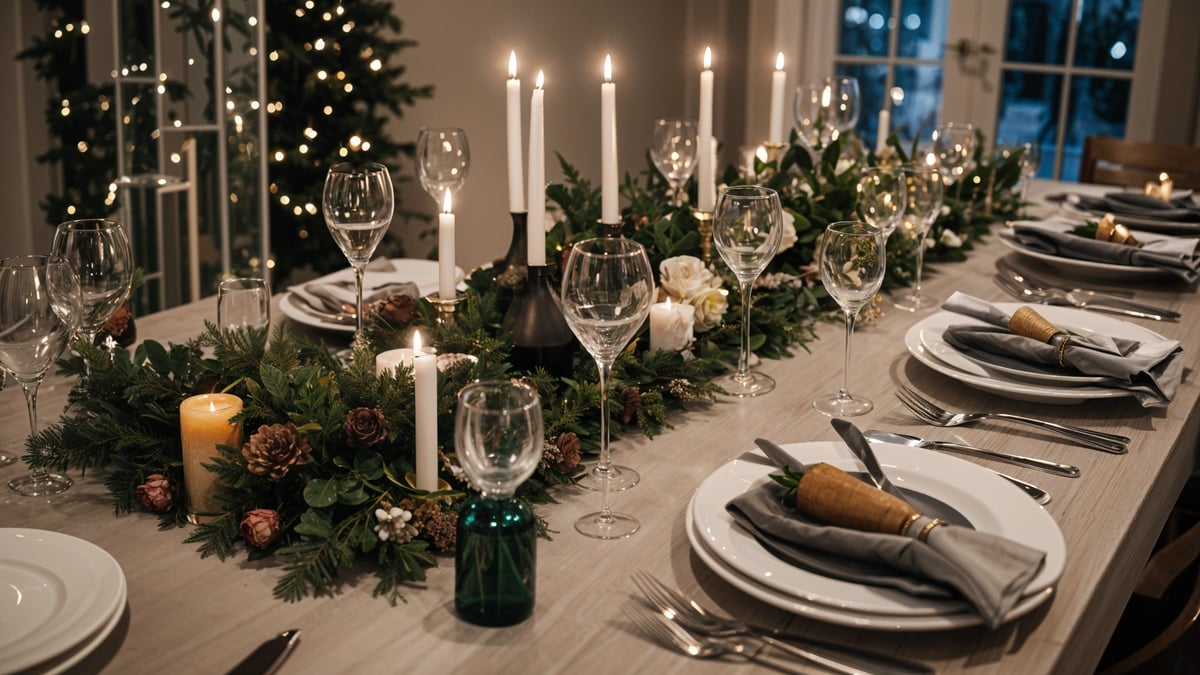 A dinner table set with candles, wine glasses, and a centerpiece of flowers.