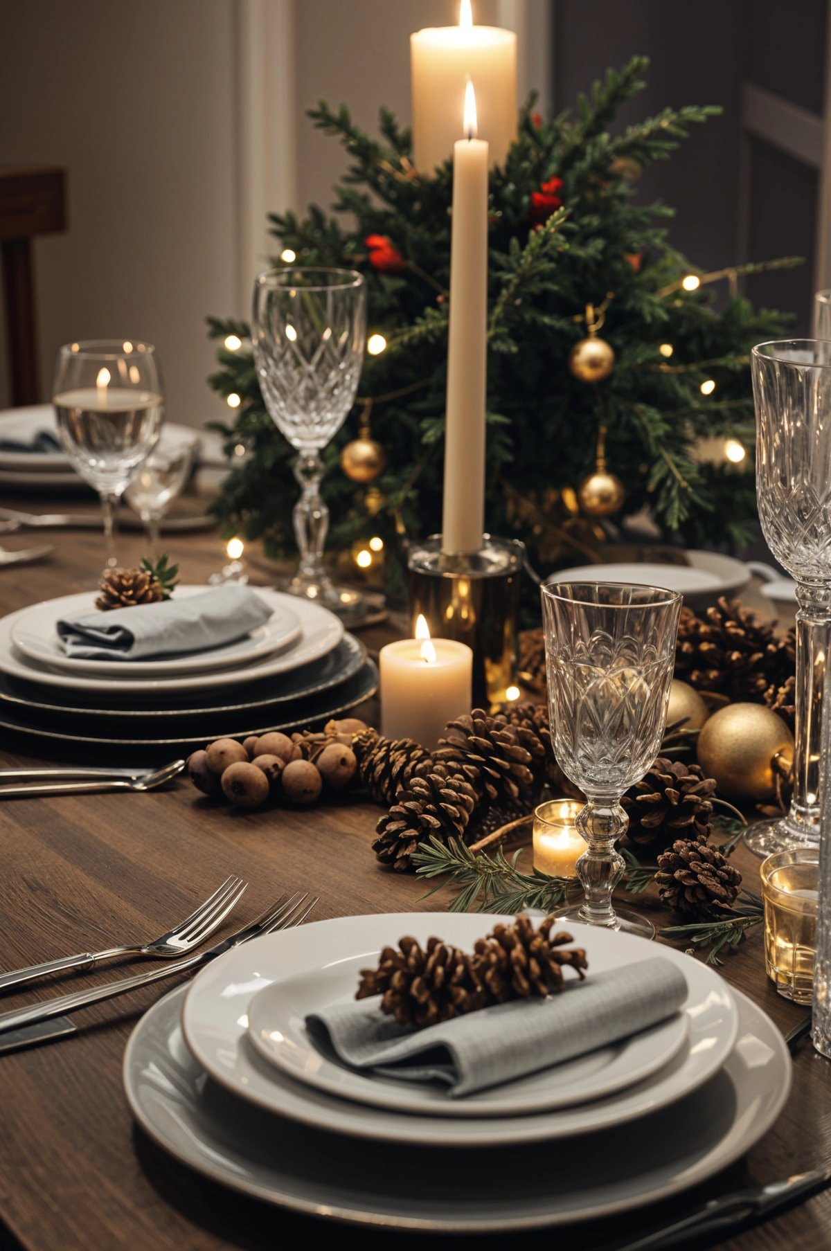 A Christmas dinner table with candles, pine cones, and wine glasses. The table is set for a festive holiday meal.