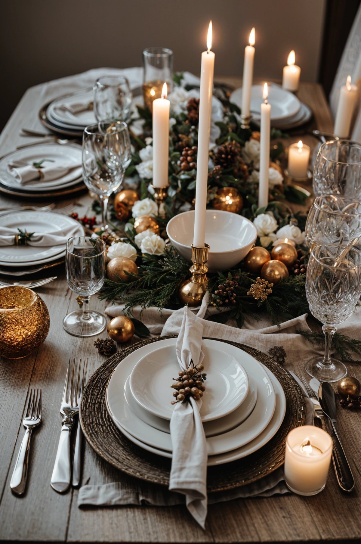 A dinner table set with candles, plates, and wine glasses, featuring a centerpiece of flowers and gold ornaments.