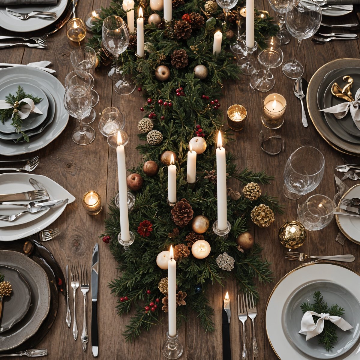 A table set for a holiday meal, featuring candles, plates, and wine glasses. The table is beautifully arranged, creating a warm and inviting atmosphere.