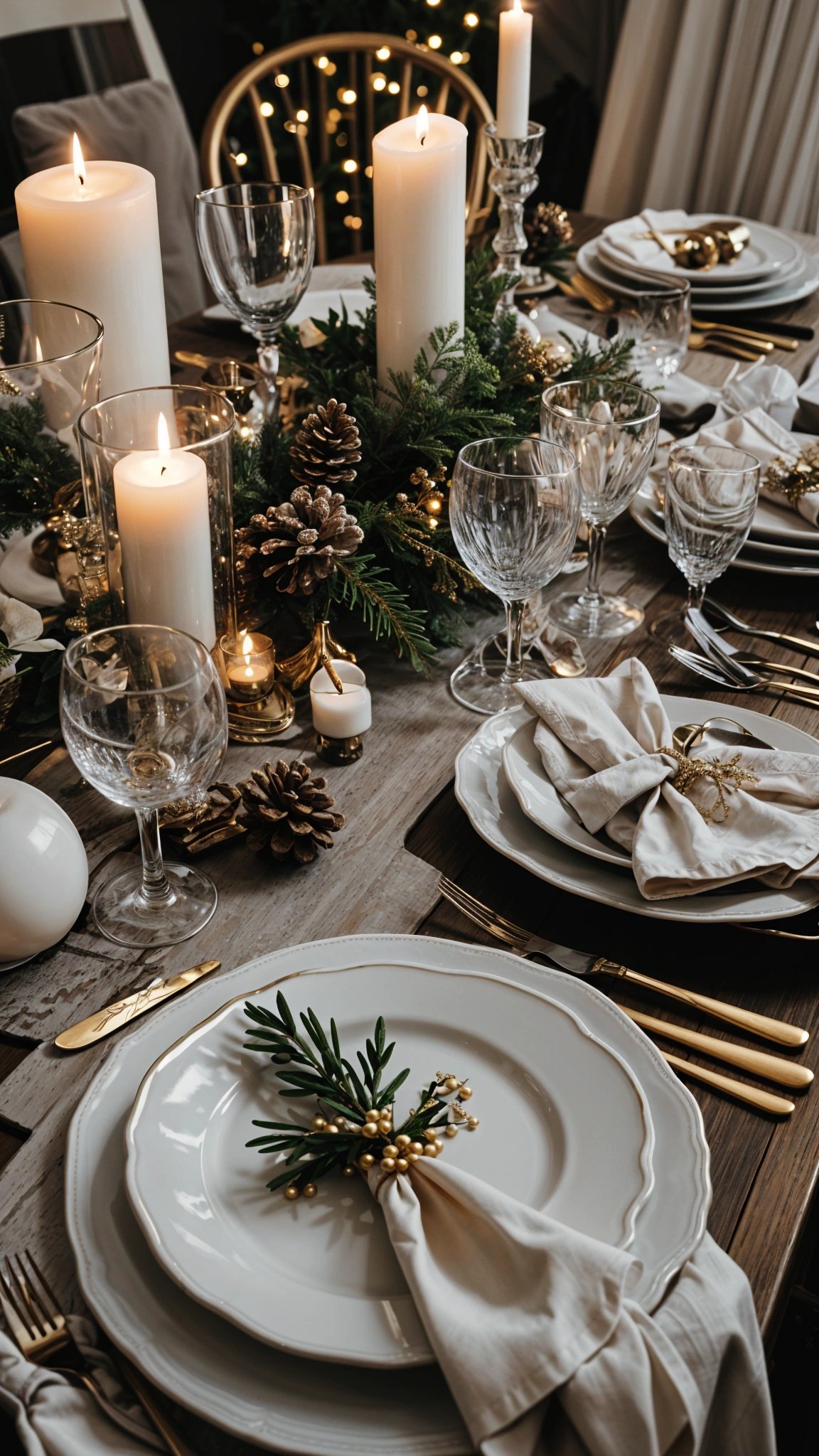 A dinner table set with plates, glasses, and candles. The table is adorned with pine cones and gold accents, giving it a festive and elegant appearance.