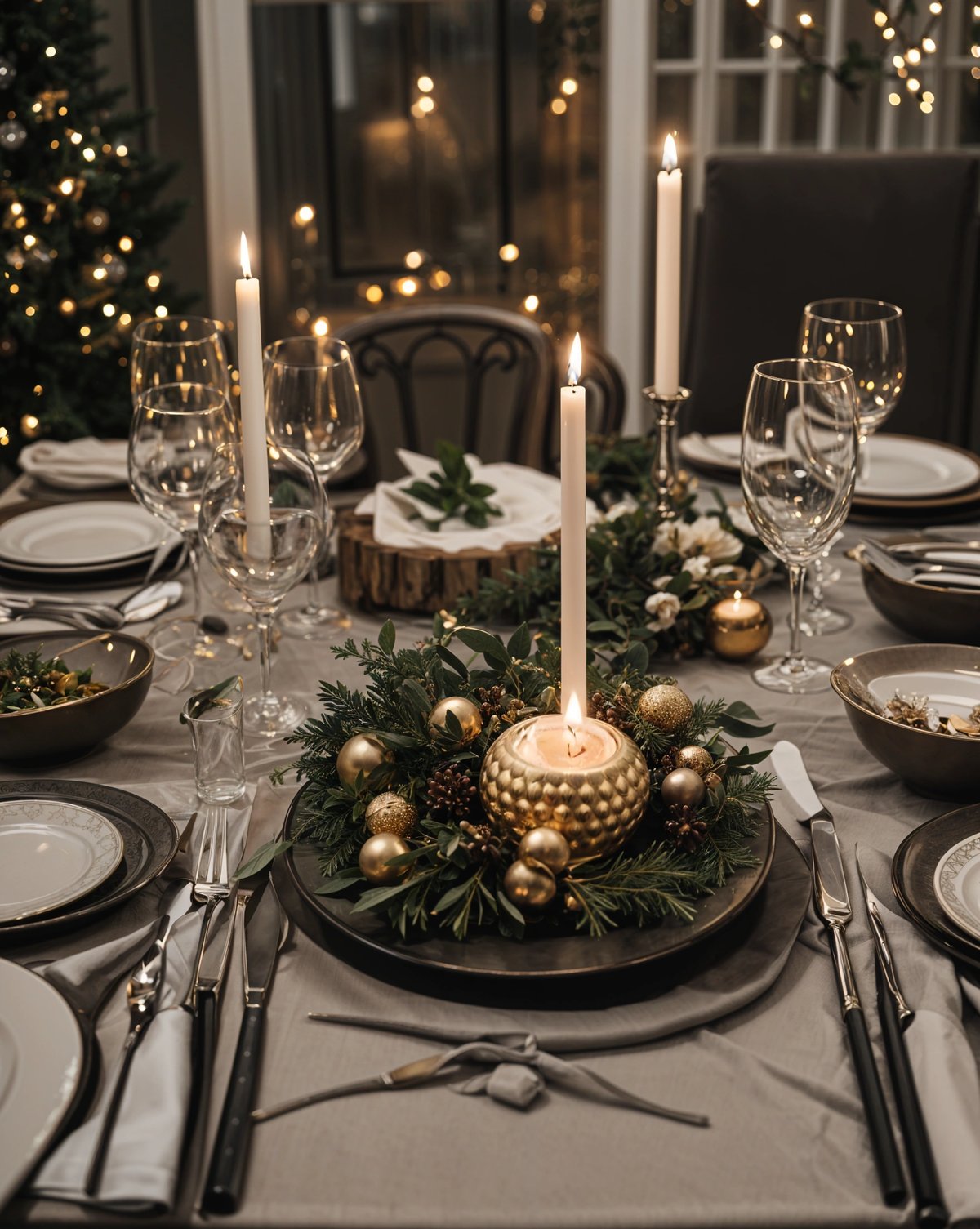 A fancy dinner table set with candles, wine glasses, and a centerpiece. The table is adorned with a gold and green centerpiece, and the chairs are placed around the table.