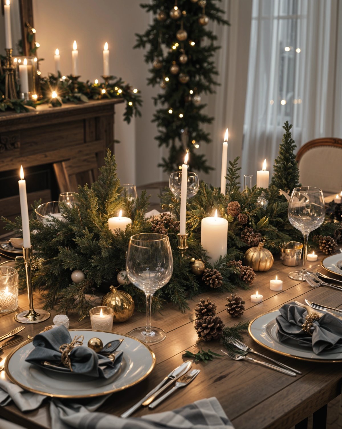 A dinner table set with candles and pine cones, with a fireplace and Christmas tree in the background.
