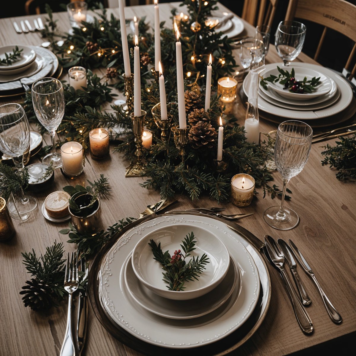 A dinner table set for a holiday dinner, featuring a white bowl in the center and candles and wine glasses surrounding it.