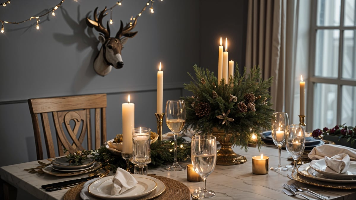 A dinner table set with candles, wine glasses, and a centerpiece of pine cones and flowers. The table is adorned with a deer head on the wall and the candles are lit, creating a warm and inviting atmosphere for a holiday meal.
