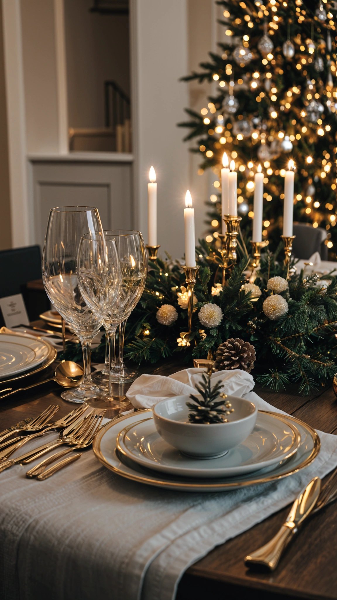 A dinner table set with gold and white tableware and a pinecone centerpiece. A Christmas tree is in the background.