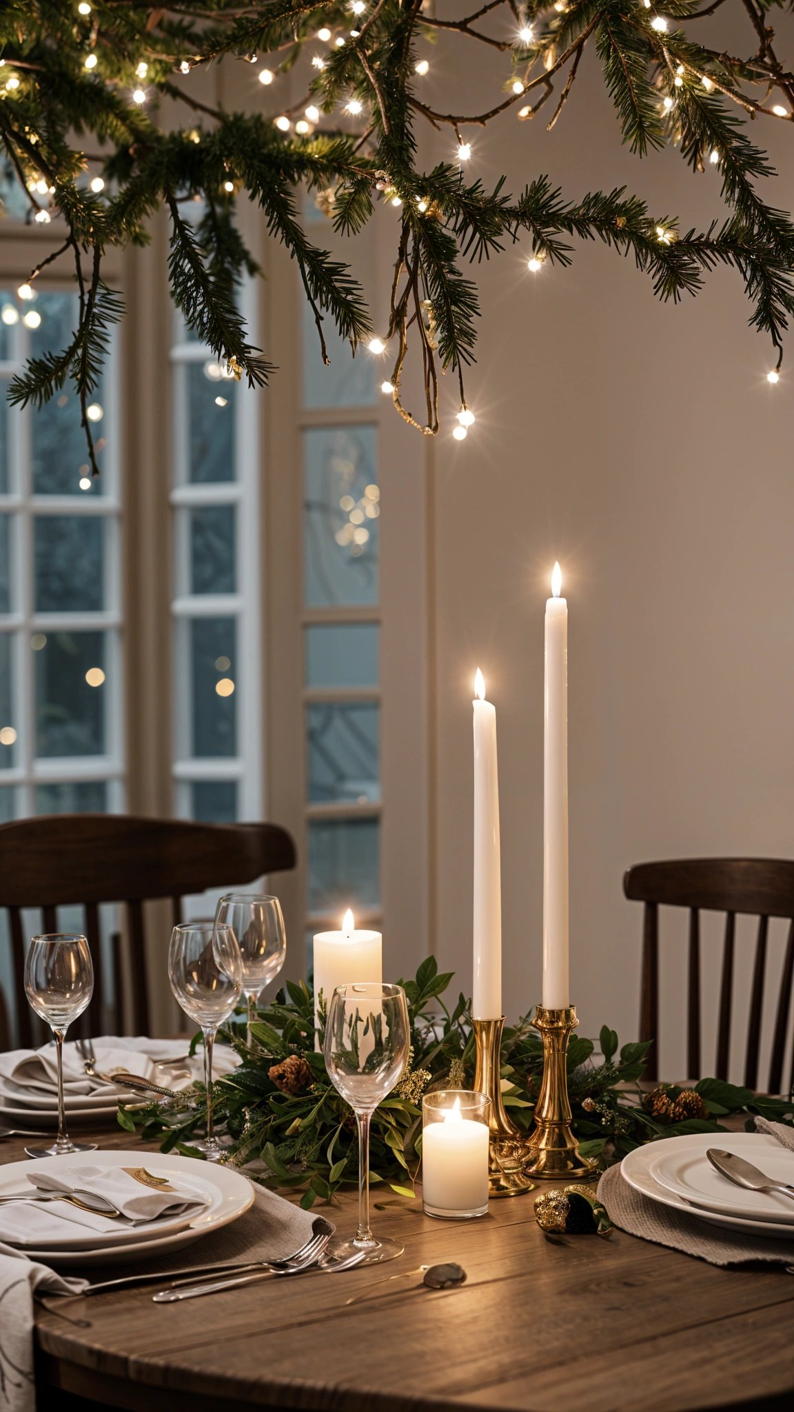 A dinner table set with candles and wine glasses, creating a warm and inviting atmosphere for a romantic dinner. The table is adorned with candles and pine branches, adding a touch of nature to the setting. The chairs are arranged around the table, and the wine glasses are placed in front of each seat, ready for the guests to enjoy their meal.