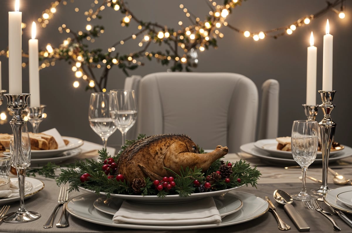 A dinner table with a turkey as centerpiece. The table is set with wine glasses and silverware.
