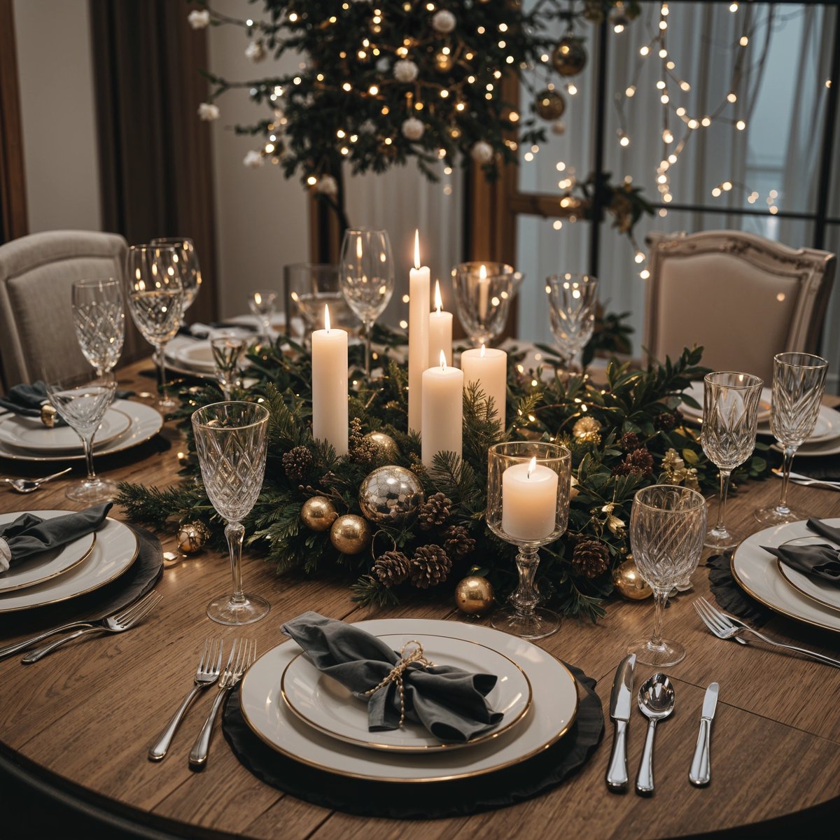 A dinner table set for a holiday meal with candles and place settings. The centerpiece features pine cones and candles, creating a warm and inviting atmosphere.