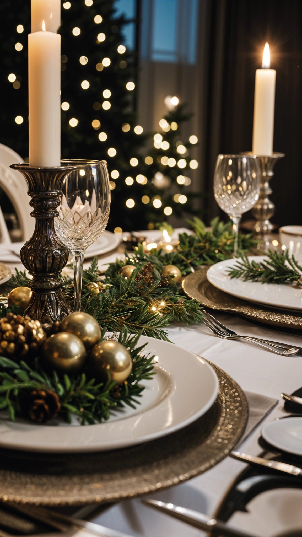 A dinner table set for Christmas with gold accents and a tree in the background.