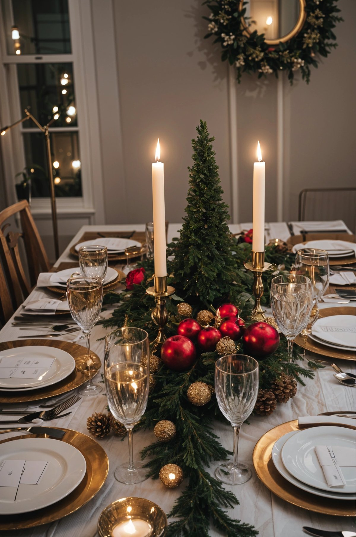 A Christmas tree centerpiece on a dinner table with lit candles.
