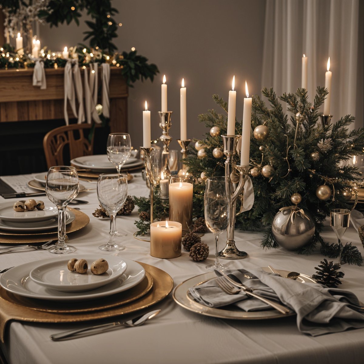 A dinner table set for a holiday meal with candles, wine glasses, and a centerpiece of pine cones and ornaments. The table is set for a holiday meal and is adorned with gold plates and silverware.