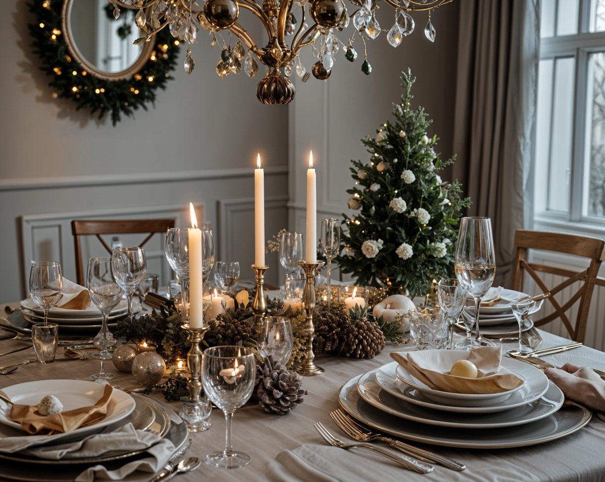 A dinner table set for a holiday meal with candles, wine glasses, and a Christmas tree. The table is set for a special occasion, such as a holiday dinner party or a romantic dinner for two.