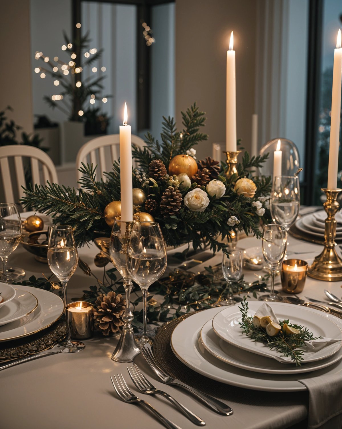 A dinner table set with candles, wine glasses, and a centerpiece of pine cones and flowers.