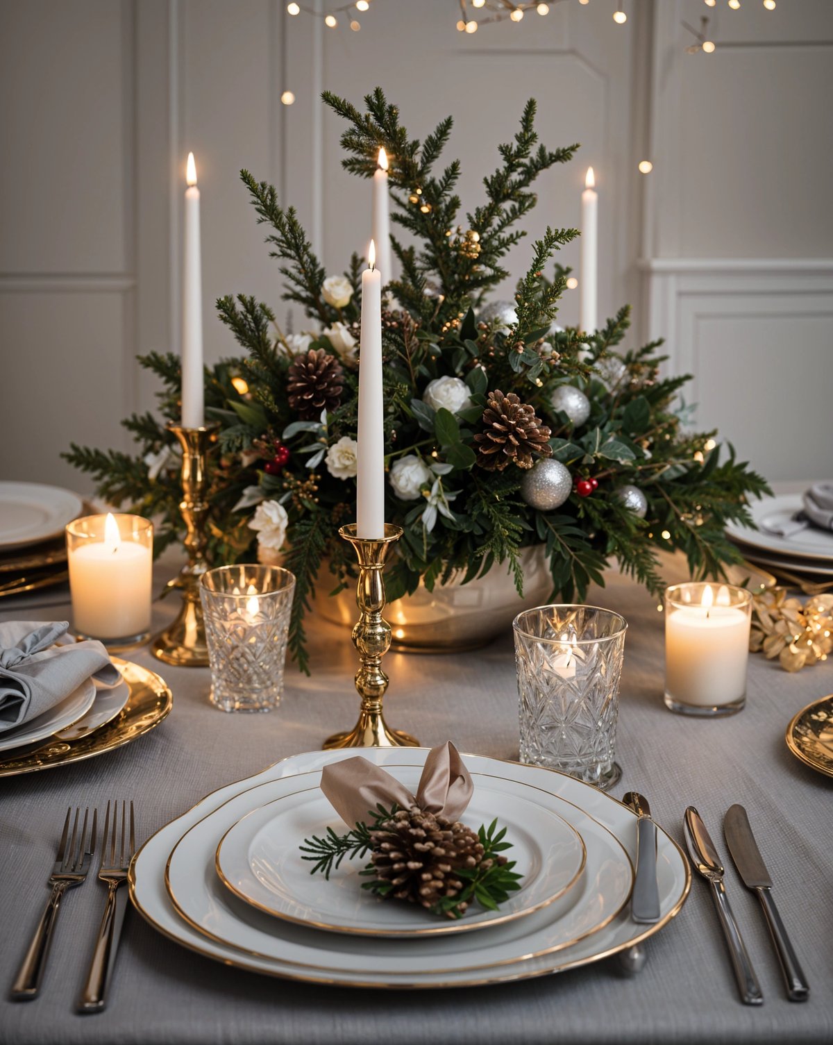 A table set for a fancy dinner with a centerpiece of pinecones and candles. The table is set with plates, forks, knives, and spoons. The tablecloth is white and the candles are lit, creating a warm and inviting atmosphere.