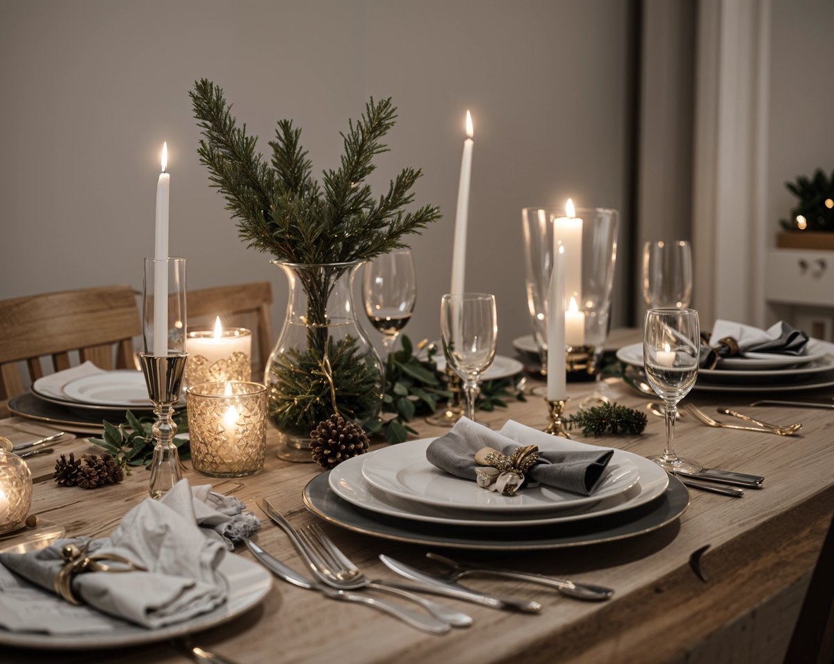 A dinner table set for a romantic dinner for two. The table is set with candles, wine glasses, and a pine tree decoration.