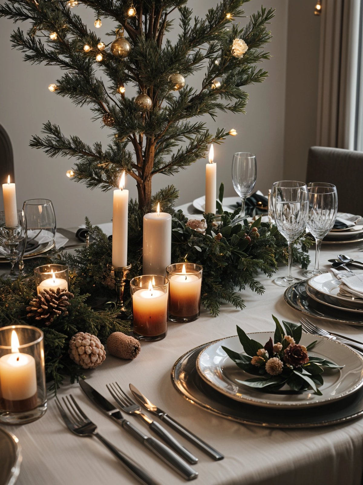 A dinner table set for a holiday meal with candles, wine glasses, and a centerpiece of a tree. The table is set with plates, forks, knives, and spoons.