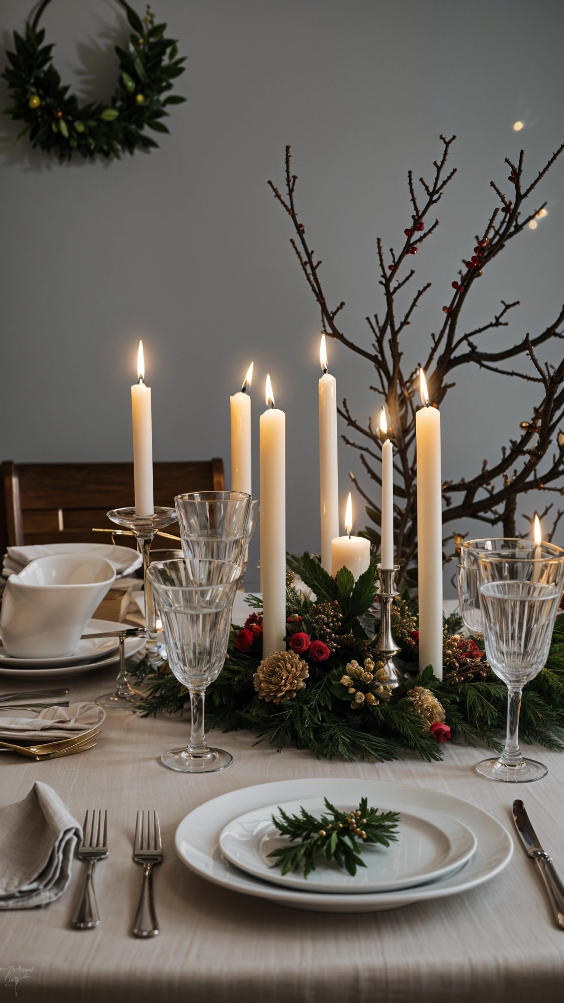 A dinner table with candles and greenery, set for a romantic dinner for two.