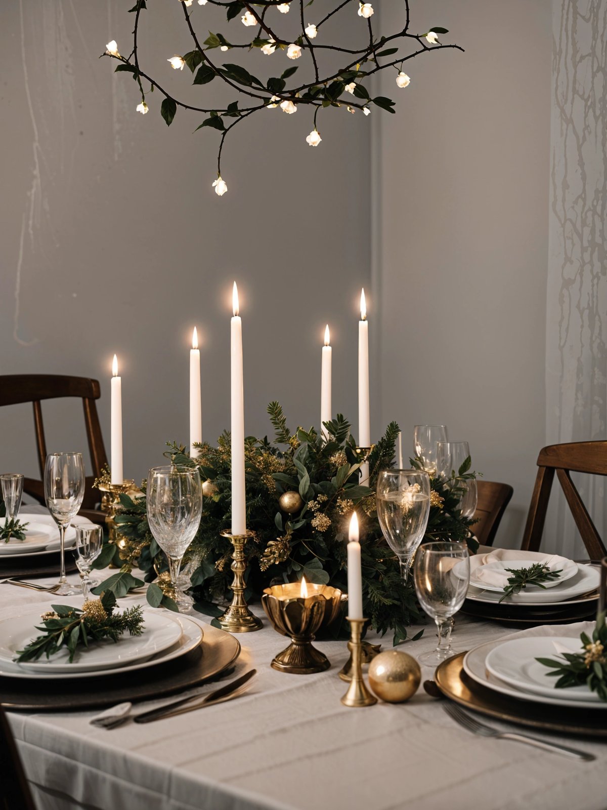 A dinner table set with candles and a plant, in a gold color scheme.