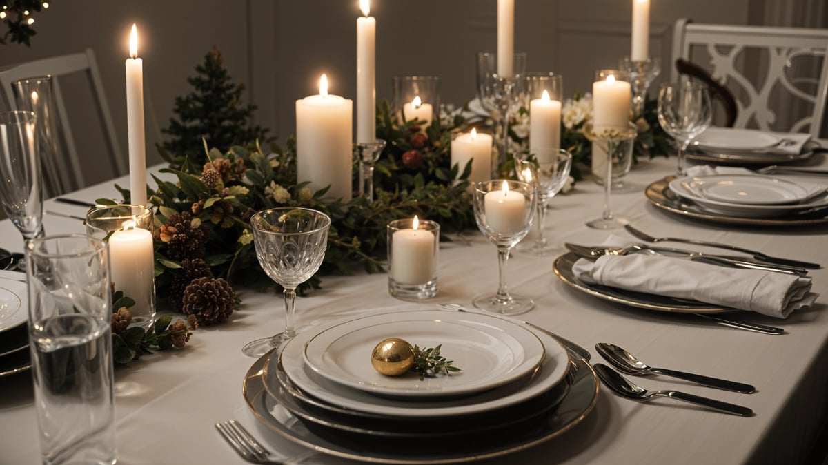 A dinner table set with candles, plates, and wine glasses. The table is adorned with a gold egg and a wreath.