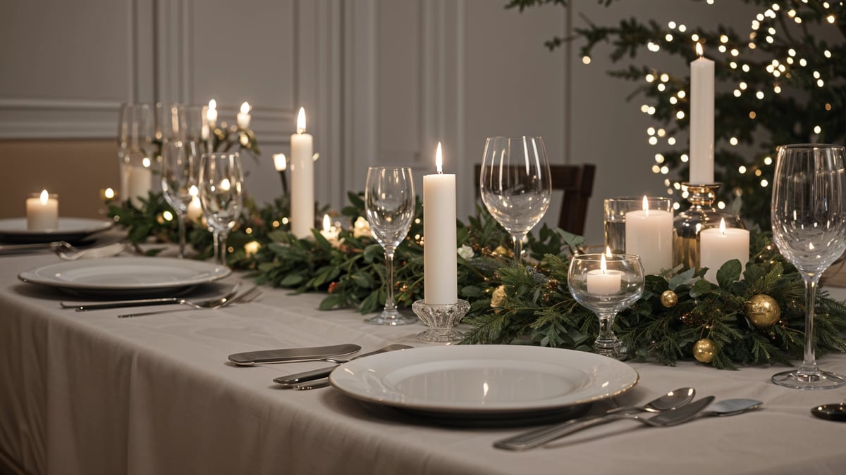 A table set for dinner with candles, plates, and silverware. The table is adorned with greenery and lit candles, creating a warm and inviting atmosphere for a special meal.