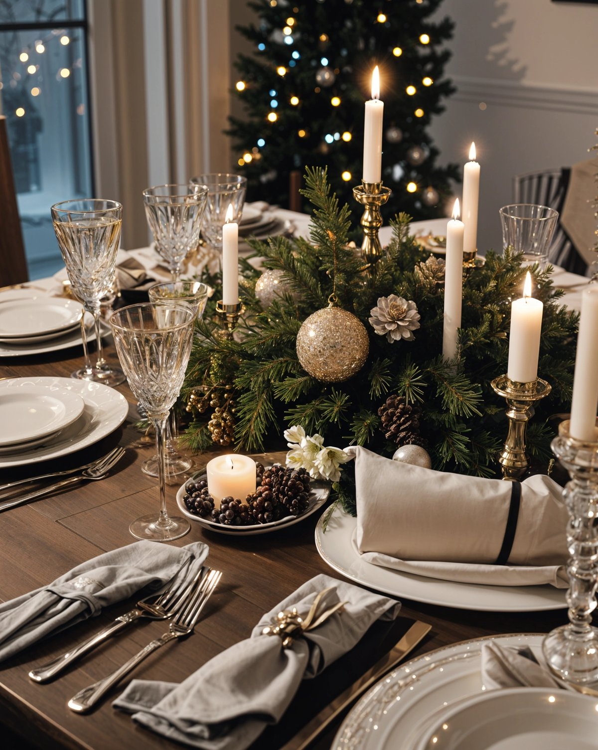 A beautifully decorated Christmas dinner table with a pine tree centerpiece and candles. The table is set with plates, forks, knives, and wine glasses.