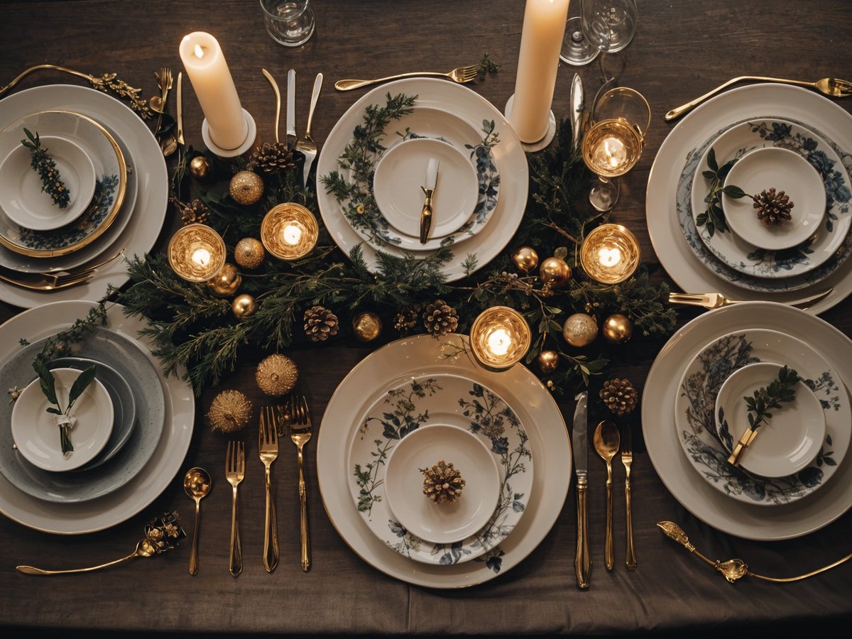 A fancy dinner table set for six people with white plates, gold forks, and candles. The table is adorned with a garland of pine cones and gold balls.
