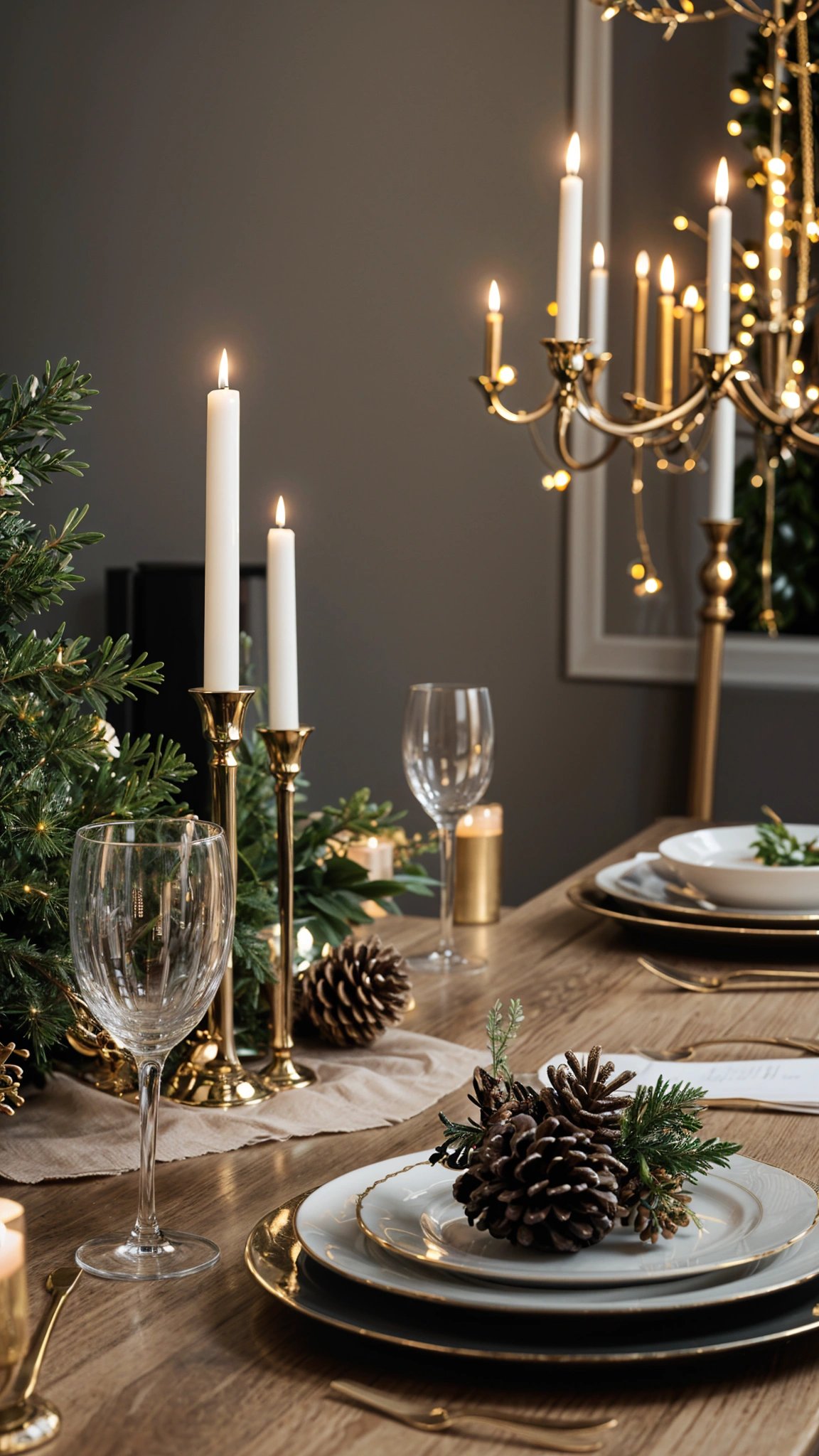 A dinner table set with candles, wine glasses, and a bowl of food. The table is adorned with a pine tree and pinecones, giving the scene a festive and cozy atmosphere.