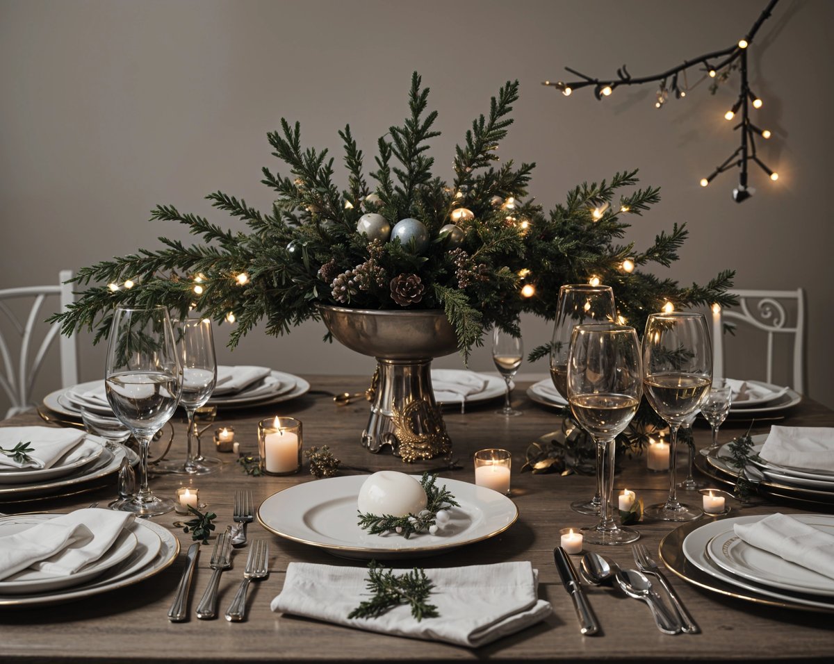 A table set for dinner with a centerpiece of a gold bowl filled with greenery and ornaments. The table is set with plates, wine glasses, and silverware. The table is lit with candles, creating a warm and inviting atmosphere.