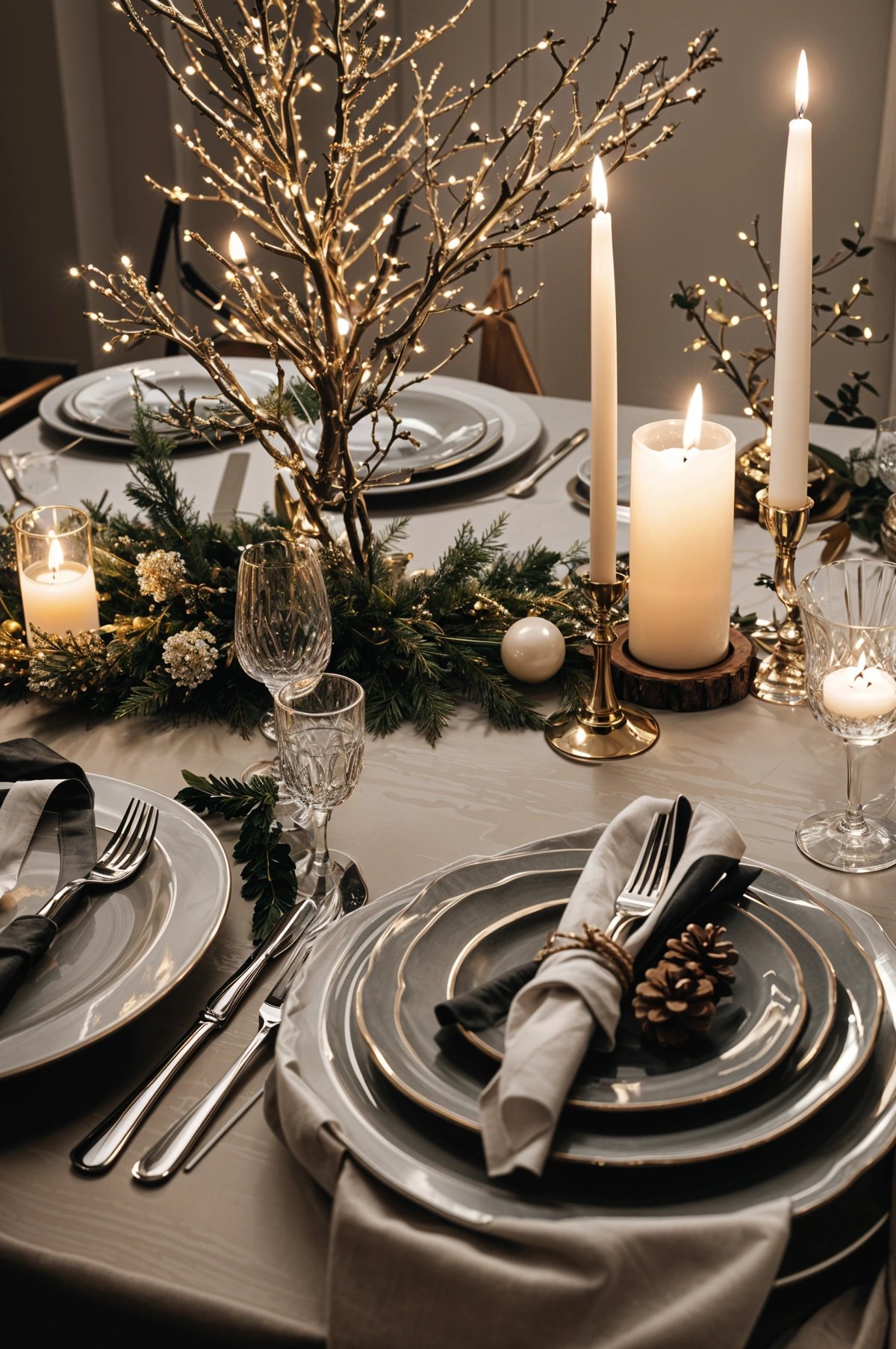 A fancy dinner table with candles and pinecones. The table is set for a holiday meal with a gold and white color scheme.