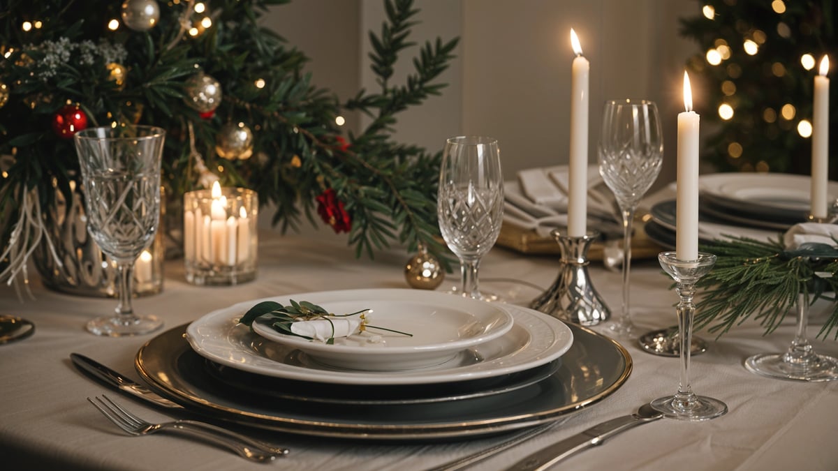 A dinner table with a white plate, a candle, and a wine glass. The table is set for a fancy dinner. The plate has a white flower on it. The table is set for two people.
