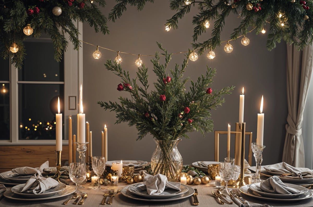 A dinner table with a pine tree centerpiece and candles.