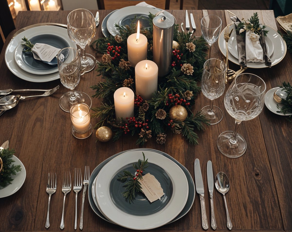 A dinner table set for a holiday meal with candles and place settings. The table is adorned with a centerpiece of candles and pine cones.