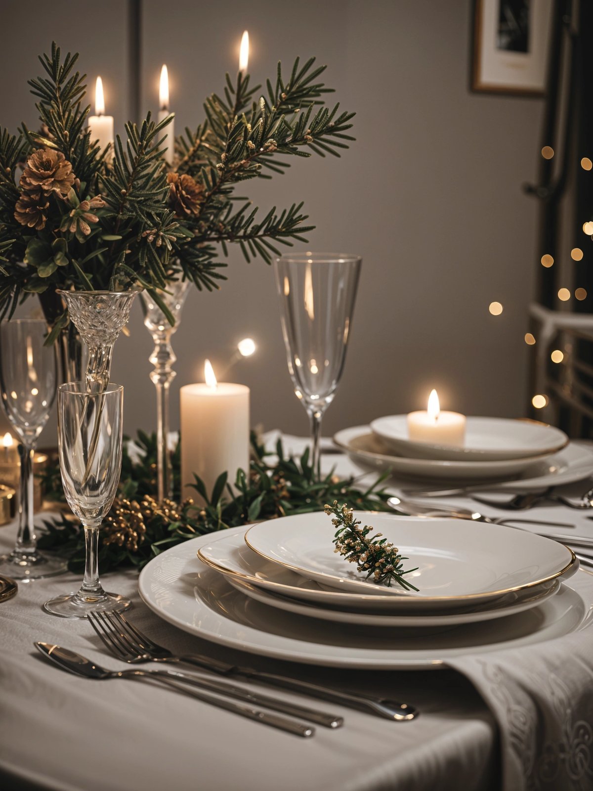 A dinner table set with plates, candles, and wine glasses. The table is adorned with a centerpiece of pine branches and candles.