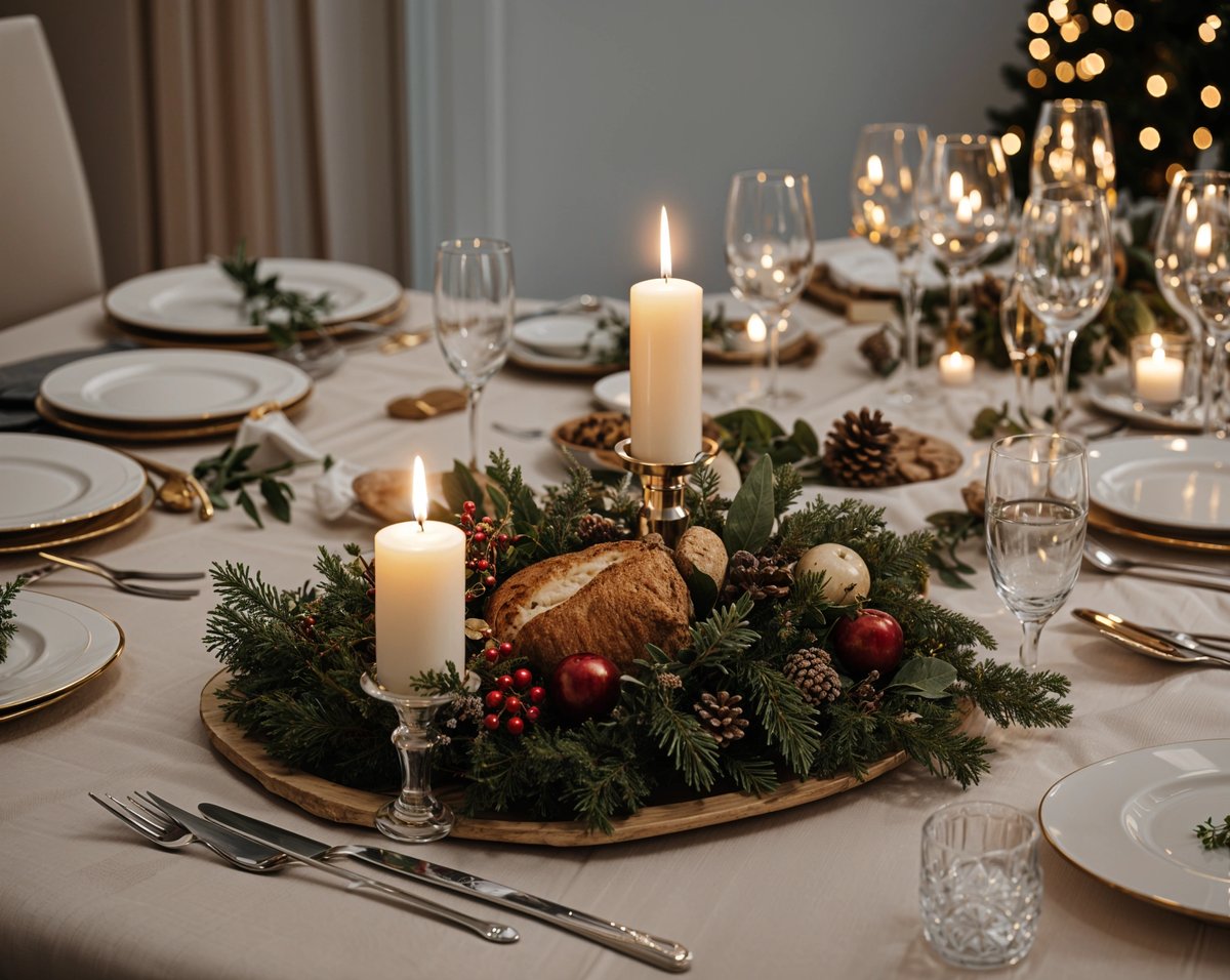 A dinner table set with candles, wine glasses, and a centerpiece of bread and berries. The table is adorned with a beautiful arrangement of candles and wine glasses, creating a warm and inviting atmosphere for a holiday meal.