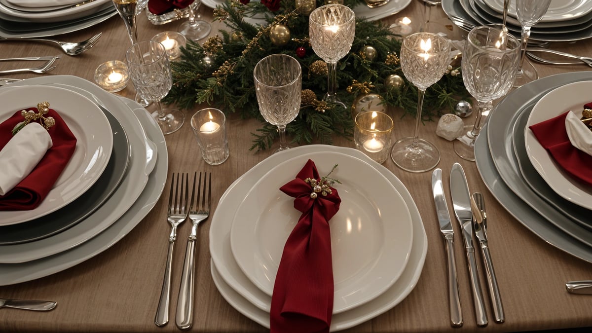 A dinner table set for a holiday meal with a red bow, white plate, and glass of wine. The table is adorned with candles and a pine tree.