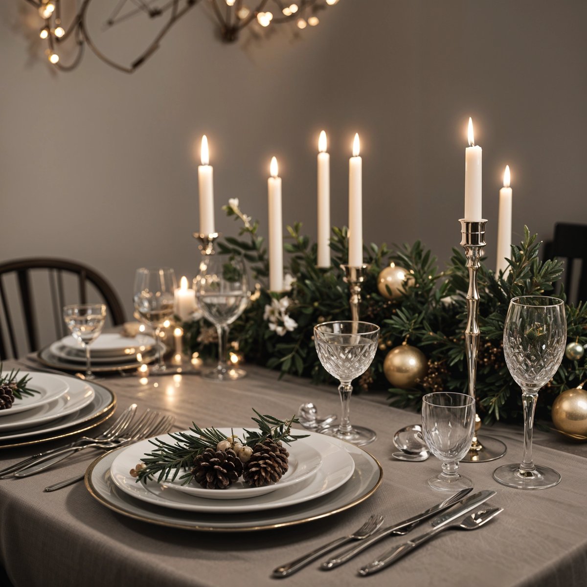 A dinner table set for a holiday meal with candles, pine cones, and gold accents.