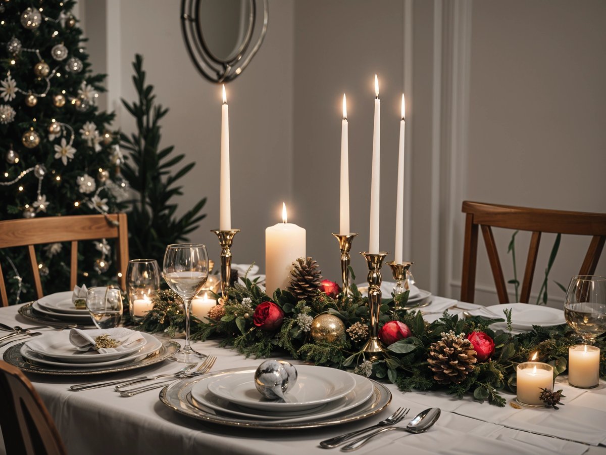 A dinner table set for Christmas dinner with candles and a centerpiece of pinecones.