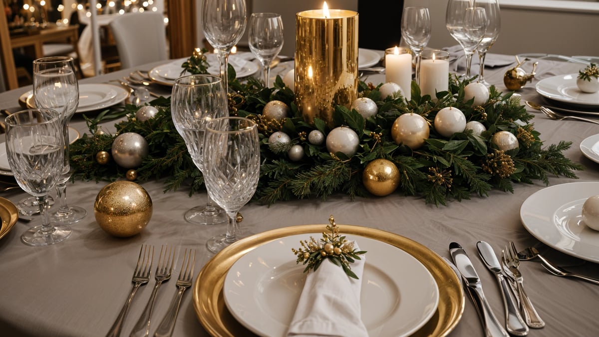 A table set for a fancy dinner with a gold and white color scheme. The table is adorned with candles, gold and white ornaments, and a centerpiece of a wreath. The table setting includes a gold fork, knife, and spoon, as well as a gold plate and napkin.