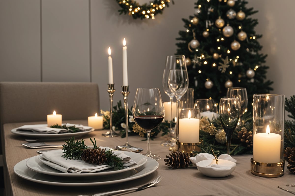 A dinner table set for Christmas with candles, wine glasses, and a Christmas tree in the background.